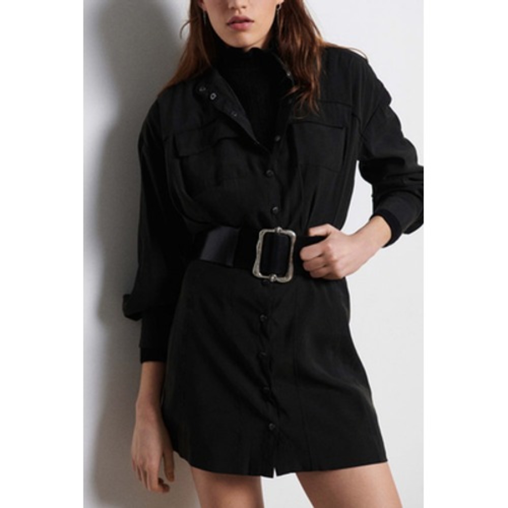 ba&sh Dress Womens Medium Black Robe Crew H22EWINR Midi Button Down New Tag